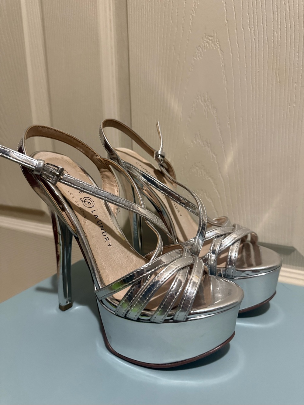 Chinese Laundry Pageant Silver Platform Slingback Heels